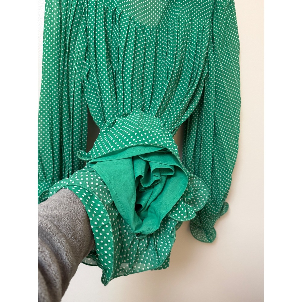 Endless Rose Green Polka Dot Pleated Long Sleeve Wide Leg Romper with Tie Waist - Picture 14 of 16